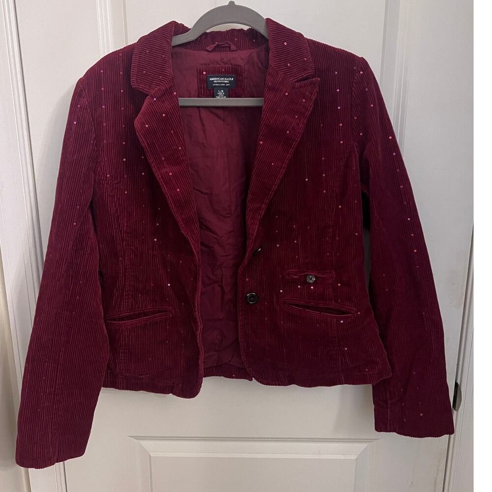 American Eagle Holiday Festive Blazer Jacket L Wine Corduroy Sequin Christmas